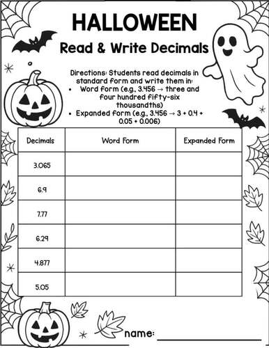 5th Grade Halloween Math Activity Decimal Fun Place Value Compare