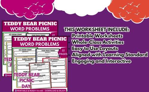 Teddy Bear Picnic Day Math Word Problems Worksheets, 2nd 3rd 4th 5th Grade