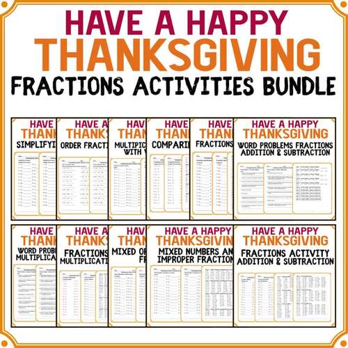 Thanksgiving Math Activities Fractions Worksheets Bundle No Prep