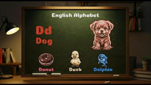 Preview of Animated chalkboard video showing the letter D with colorful chalk drawings