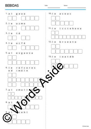 Spanish Word Games Copy Crossword Word Search Anagram BEVERAGES by