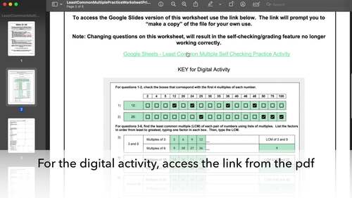 Least Common Multiple Practice Worksheet - Print/Digital Self Checking