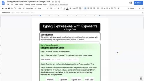 Typing Expressions With Exponents In Google Docs Distance Learning Activity