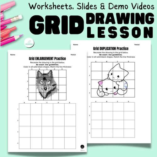 Grid Method Drawing Worksheets - Secondary - Art - Sub Lesson - Early ...