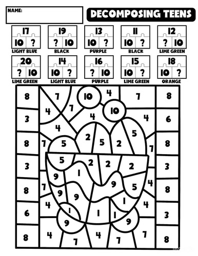 1st Grade Teen Numbers Decompose Tens and Ones | Worksheets | Halloween