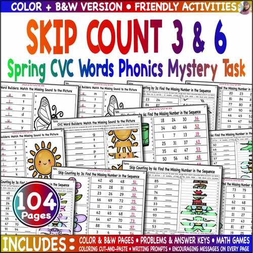Mixed Skip Count 3, 6 Spring CVC Word Phonics Mystery Practice Task Routine