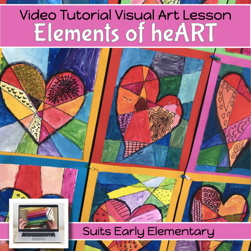 Preview of Colourful HEARTS Art lesson with VIDEO GUIDE for Art Elements 1st - 3rd grade