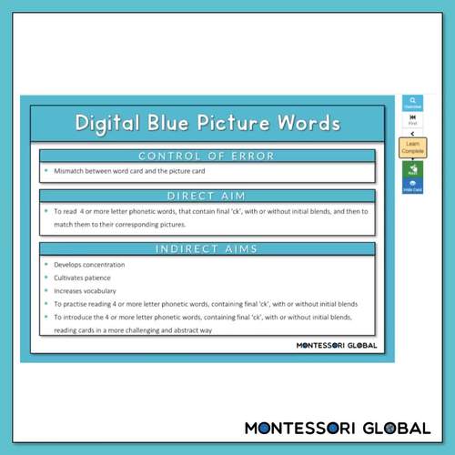 Montessori Blue Picture Word Cards Boom Cards for Final "ck" Reading