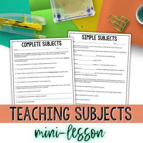 Subject of a Sentence MiniLesson and Worksheets Simple and Compound