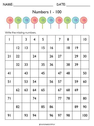 Missing Numbers Worksheets Counting to 100 Kindergarten Math T 185