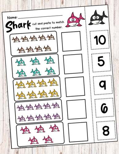 Shark Count Cut and Paste Matching Numbers 1-10 No Prep Activity for K-1