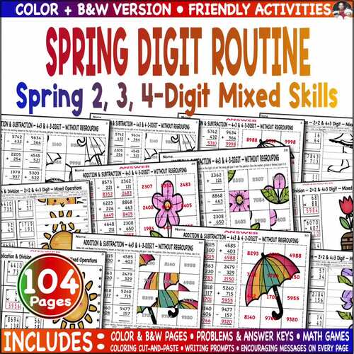 Mixed 2, 3, 4-Digit Spring Addition Subtraction Multiplication Division Task