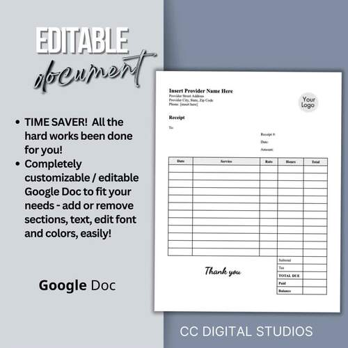 Receipt Template for Therapist Office, Google Doc Private Practice Forms