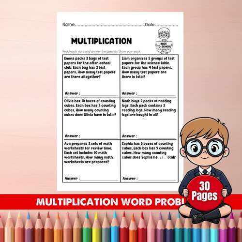 3rd Grade Multiplication Word Problems Worksheets | Back to School Math | Test P