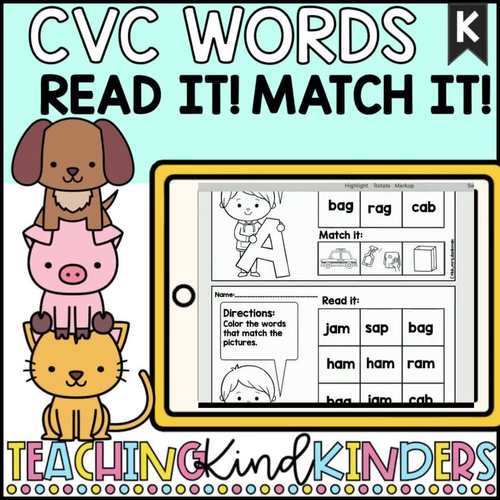 READ + MATCH CVC WORD Practice KINDERGARTEN WORKSHEETS NO Prep | TpT