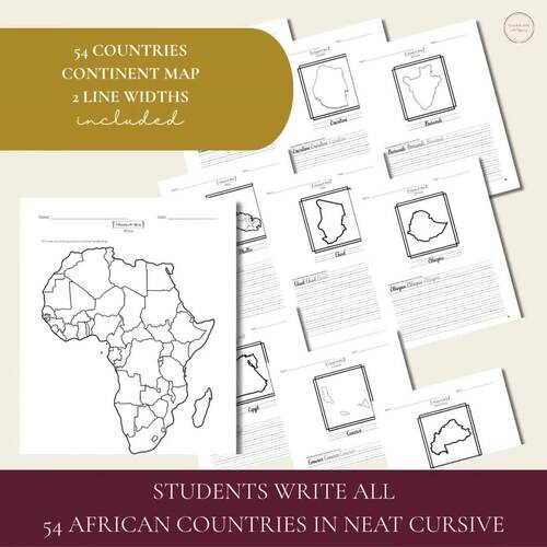 Africa Cursive Handwriting Practice | Country Names and Map Labeling