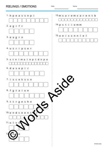Vocabulary Crossword Search Anagram FEELINGS EMOTIONS by Words Aside