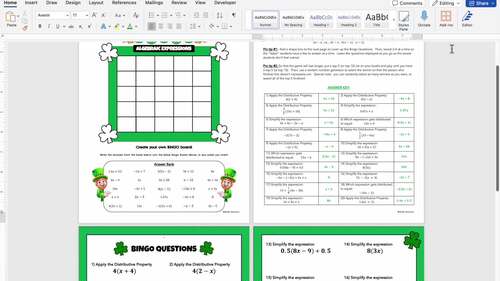 St Patricks Day Math Activity Simplifying Algebraic Expressions Review Game