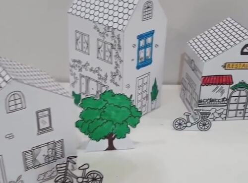 Paper Houses and Buildings Coloring Set, Color and Cut, Kids Paper Crafts