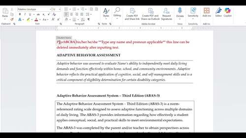 ABAS-3 AUTOMATIC FILL Psych Report Template & Graphing System- EASY TO USE