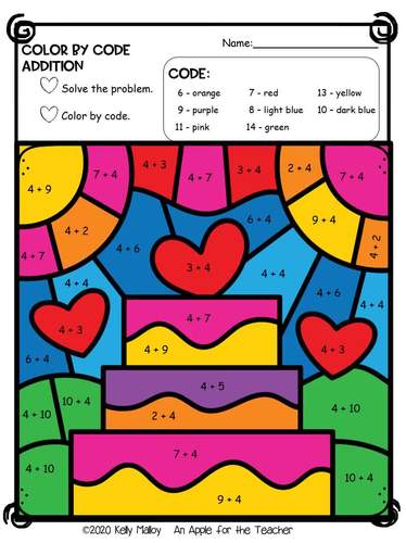 Valentine's Day Math Worksheets Color by Number Addition ...