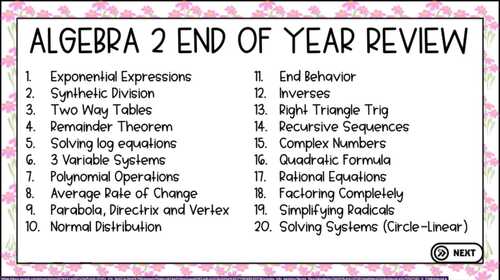 Algebra 2 No Prep End of Year Spring Review Printable and Digital Task ...