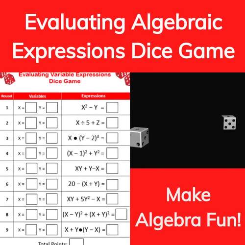 Evaluating Algebraic Expressions Dice Activity by Infinity Math Creations