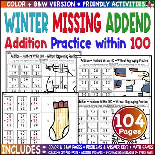 Winter Addition Color Code Picture Missing Addend to 100 Mystery Picture Holiday