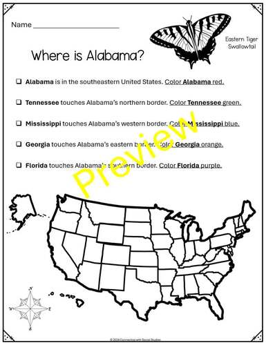 Alabama Find and Color Maps by Connecting with Social Studies | TPT