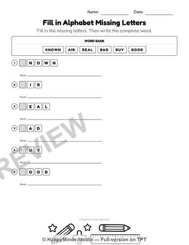 Fill In Missing Letters Alphabet | Grades K-1 by HappyMinds Studio