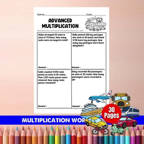 Grade 5 Advanced Multiplication Word Problems | Transportation Math Worksheets