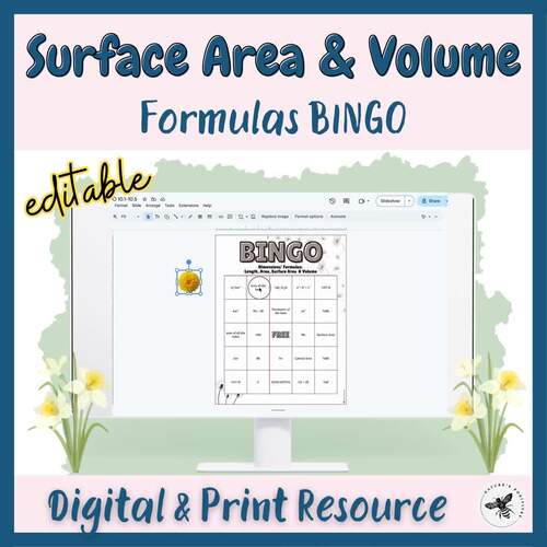 Spring Surface Area & Volume Formulas Bingo Activity Editable Printable Digital