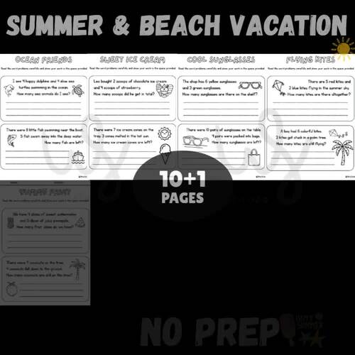 Summer & Beach Vacation Math Word Problems Worksheet Packet - Addition Sub