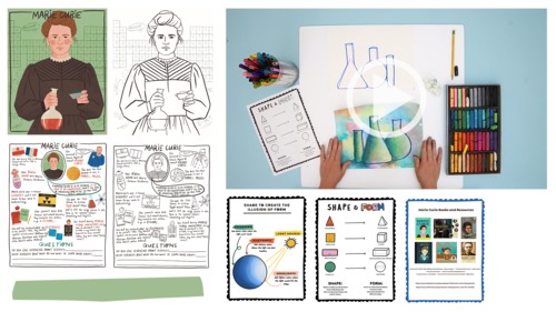 Preview of Marie Curie Advanced Art Craft Lesson, Cute Fact Sheet, Printables, More!
