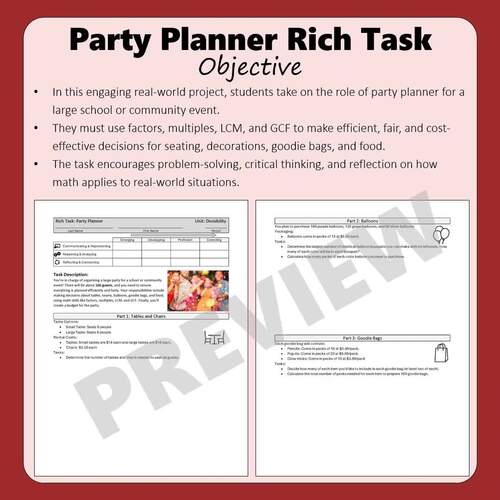 Party Planner Project | Factors, Multiples, LCM, GCF | Math 7 Rich Task