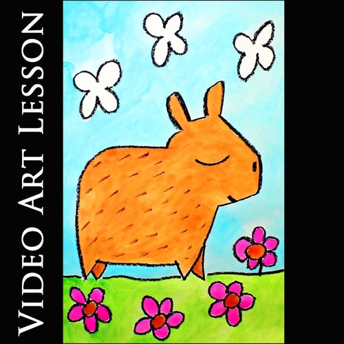 Preview of CAPYBARA Drawing & Watercolor Painting Art Lesson | EASY Spring Art Project