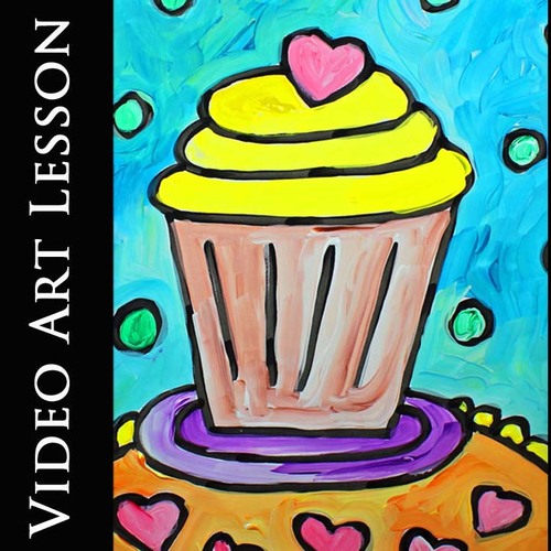Preview of CUPCAKE & HEARTS Art Lesson VALENTINE'S DAY Directed Drawing & Painting Project