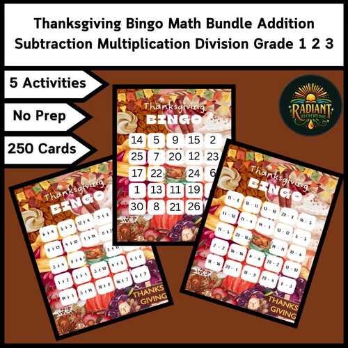 Thanksgiving Bingo Math Bundle Addition Subtraction Multiplication Division