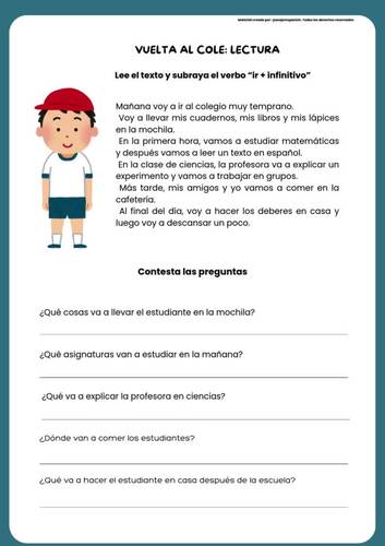 Back to school Spanish Reading | Ir + Infinitive Comprehension Worksheet