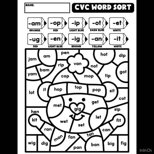 Kindergarten CVC Word Families | Word Sort Worksheets | Winter | TPT