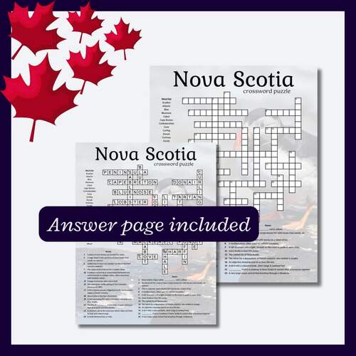 Nova Scotia crossword for vocabulary research activity or fun Grade 4 