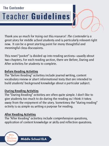 The Contender Novel Study Reading Activities by Mrs Nelson Teaches