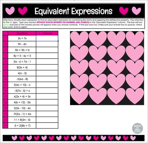 Valentine Pug Mystery Picture Math | Equivalent Expressions | Digital ...