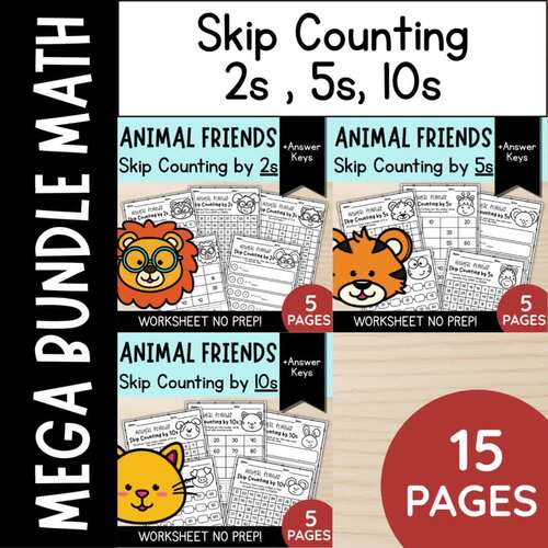 Skip Counting by 2s, 5s & 10s Animal Friends No Prep Worksheets | 2nd Grade