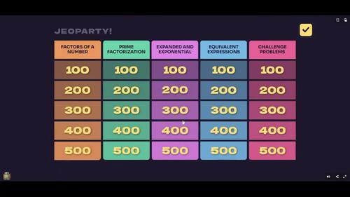 Factors, Prime Factorization, & Equivalent Fractions Jeopardy Game Test ...
