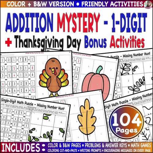 Addition Mystery Activities – Single-Digit Missing Number Math Practice ...