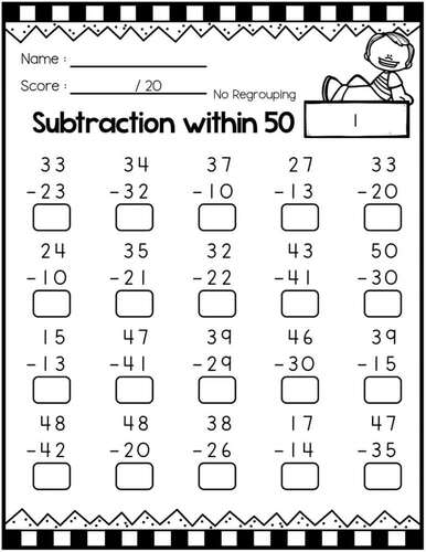 Subtraction Within 50 With and Without Regrouping Math Facts Fluency ...