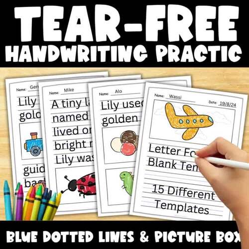 Tear-Free Writing Template with Blue Dotted Lines & Picture Box | TPT