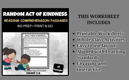 Random Acts of Kindness Reading Comprehension – 20 Passages – Grades 3–8