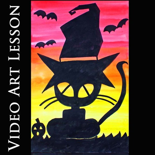 Preview of HALLOWEEN CAT & BATS Art Lesson | Easy Directed Drawing & Painting Project